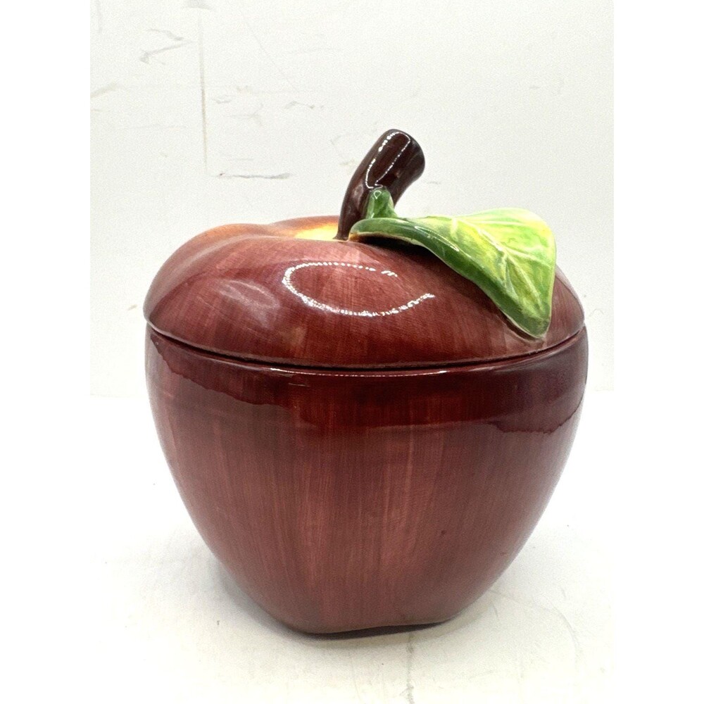 Vintage Red Apple Cookie Canister Jam Jar w/ Serving Utensil Opening